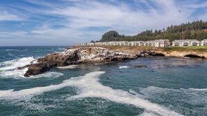 Ett hotell vid kusten med en klippig strand, vågor som slår in mot land och en skogbeklädd kulle i bakgrunden.