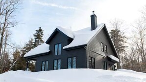 Une maison moderne à deux étages, dotée d’une façade sombre, de grandes fenêtres et d’une cheminée imposante.