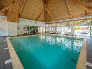 Une piscine intérieure dotée d’un plafond en bois, de murs en verre transparent et d’un sol carrelé.