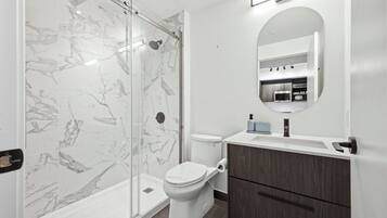Shower, hair dryer, towels, toilet paper
