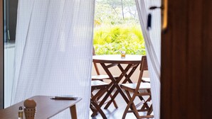 Una habitación con vistas, cortinas translúcidas, una mesa de madera y una silla.