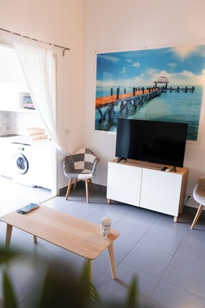 A living room with a TV, a painting of a pier, a washing machine, and a dining table. - Quiet loft studio - Pinel side (Saint-Martin)