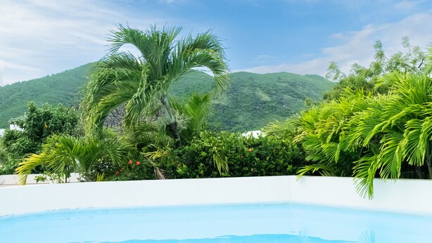 Una piscina con montañas al fondo, exuberante vegetación y cielo despejado.