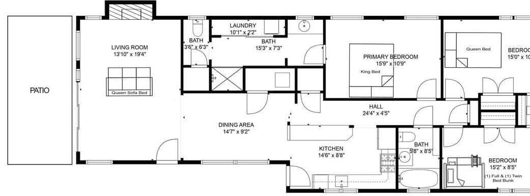 Un plan d’étage comprenant un salon, un coin repas, une cuisine, deux salles de bain, une chambre principale, une chambre d’appoint, un hall et une terrasse.