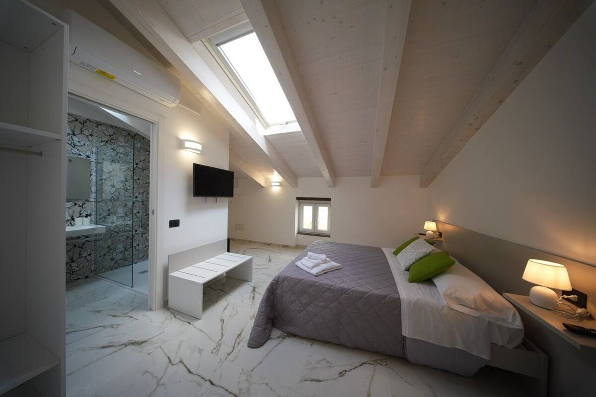 A bedroom with a bed, bedside lamps, a TV, a skylight, and a bathroom with a shower and toilet.