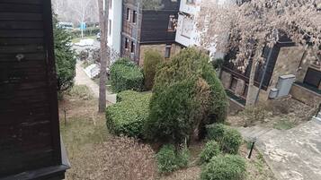A residential area with multiple buildings, a visible pathway, and various trees.