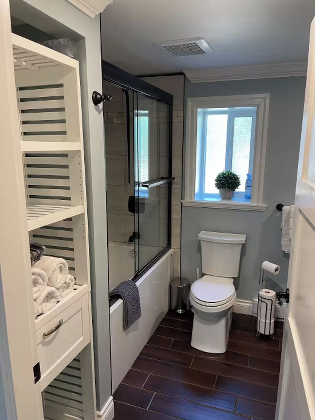 Hair dryer, towels, soap, toilet paper