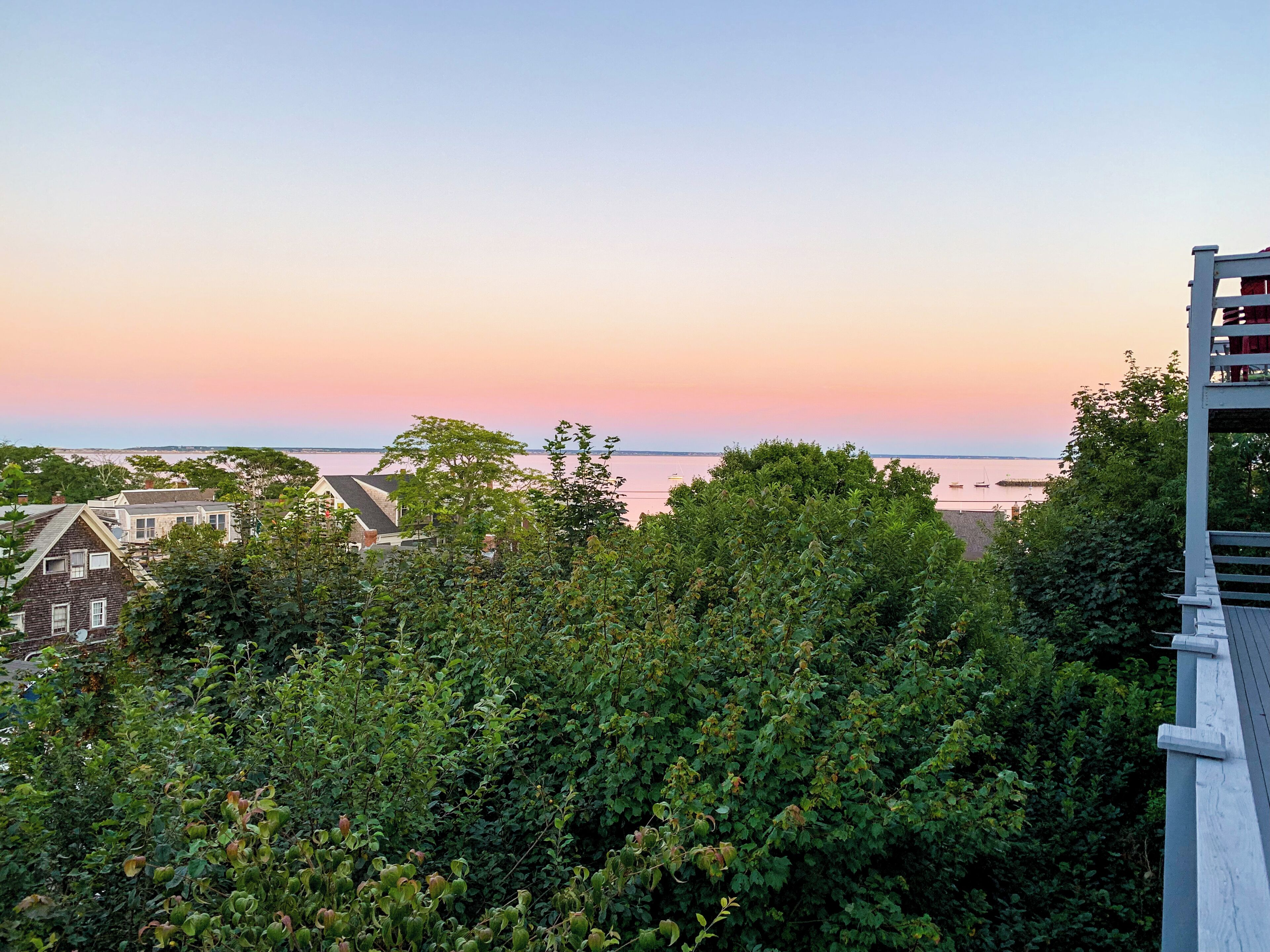 Blick auf die Küste mit Häusern, dichter Bepflanzung und einer Holzterrasse.