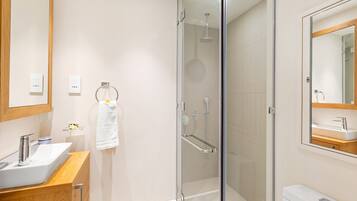 A modern bathroom with a glass-enclosed shower, a wooden vanity with a sink, and a large mirror above the sink.