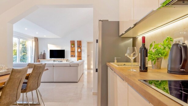 A modern kitchen with a built-in oven, a coffee maker, and a wine glass on the counter. - Stay With Panoramic Sea Views (Pucisca)