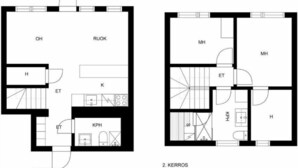 Two floor plans of a hotel with labeled rooms including a kitchen, living room, and bedrooms. - Modern 3BR House with Sauna & Parking (Vantaa)