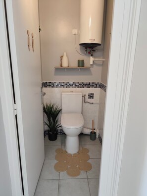 A small bathroom with a toilet, a shelf with a vase and a cup, a potted plant, and a mop. - Le 8ème Ciel - Panoramic sea view - Balcony - Wifi (Saint-Jean-de-Monts)