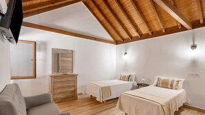 Une chambre avec deux lits, un plafond en bois, une télévision, une commode et une chaise.