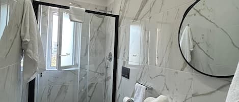Shower, hair dryer, bidet, towels