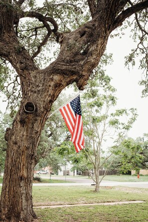 Un arbre orné d’un drapeau américain.