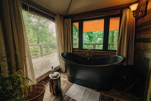 Tanager | Bathroom | Separate tub and shower, deep soaking tub, rainfall showerhead - Elk & Embers Mountain Hideaway (Waynesville)
