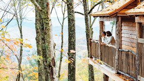 A wooden cabin with a balcony overlooking a forested mountain area. - Elk & Embers Mountain Hideaway (Waynesville)