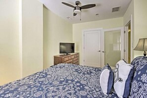 1 bedroom, desk, iron/ironing board, travel crib