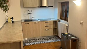 A compact kitchen with a sink, cabinets, a stove, and a trash bin. - Apartment with large panoramic terrace (Traona)