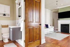 Shower, hair dryer, towels, soap - The Fig House on Spring · Walk to King · 3BR, Sleeps 8 (Charleston)
