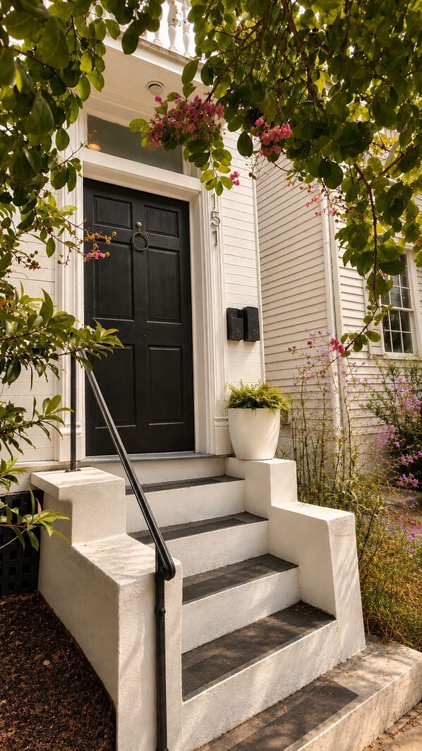 A white house with a black front door, a set of concrete steps, and a potted plant on the landing.