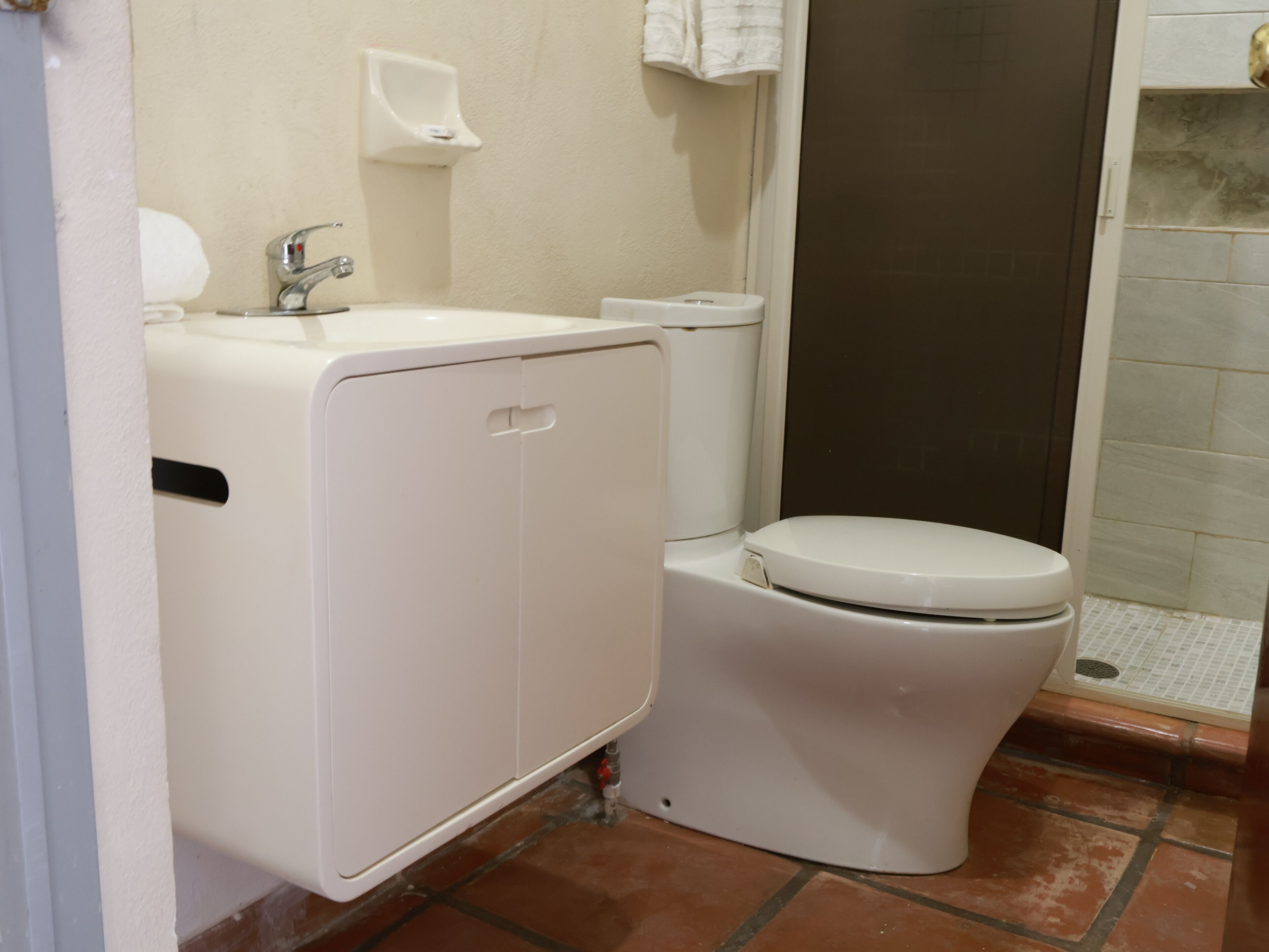 A bathroom with a white toilet, a sink, and a shower enclosure.