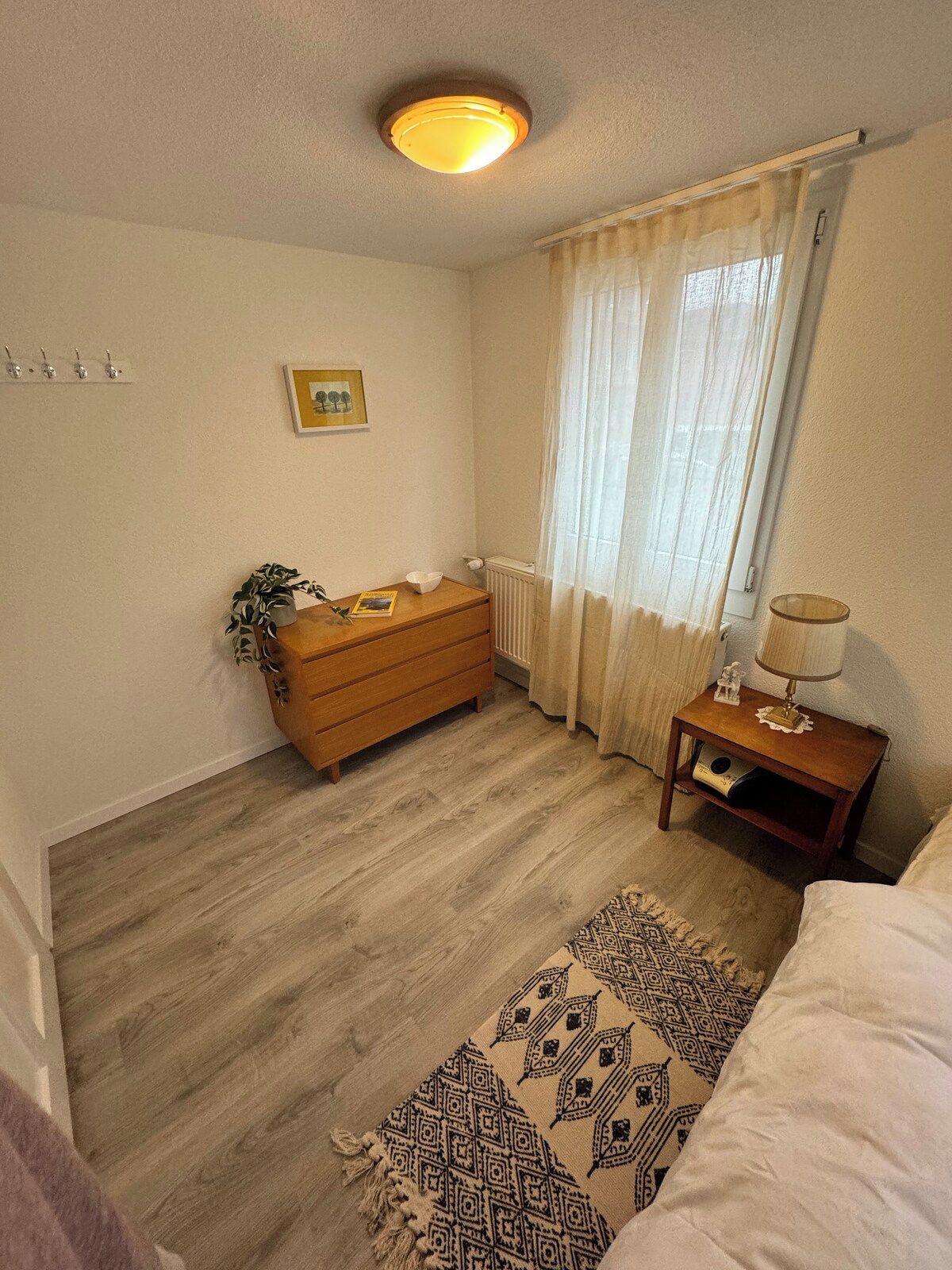 Et soveværelse med et træmøbel, et sengebord med en lampe, et mønstret tæppe og en radiator.