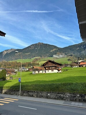 Ein ländliches Dorf mit traditionellen Häusern, einem klaren Himmel und einem Berg im Hintergrund.