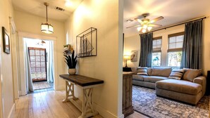 A hallway with a wooden bench, a potted plant, and a wall-mounted artwork. - Book a Memory Presents the Pontchartrain Villa - Walk to the Lake (Mandeville)