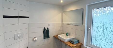 Shower, towels, toilet paper