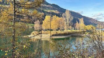 Un fiume con una zona boscosa e delle colline sullo sfondo.