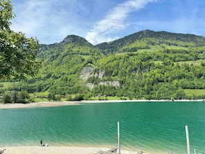 Ein See mit einem Strand und bewaldeten Hügeln im Hintergrund.