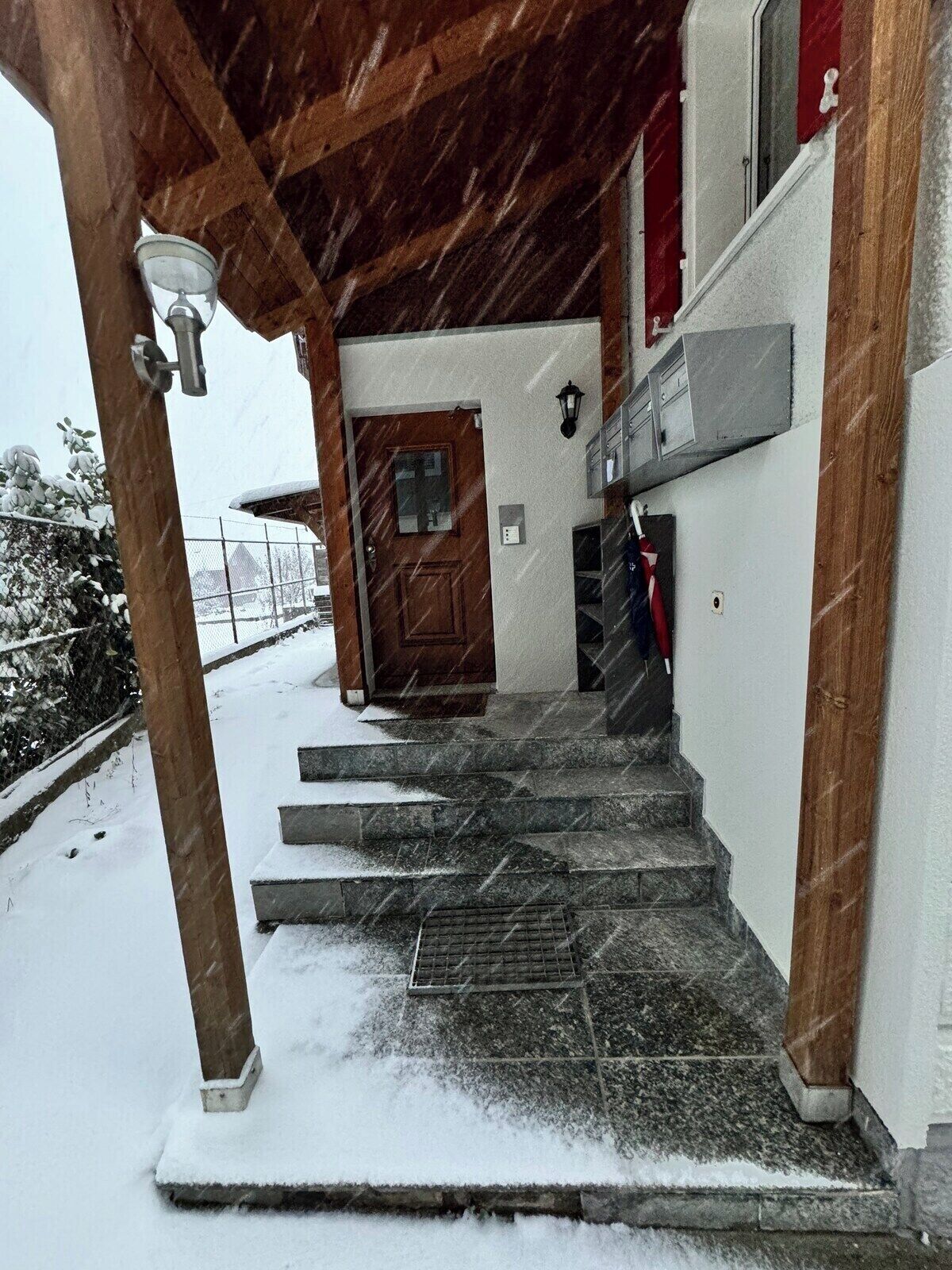 A staircase leading to a wooden door with a metal grate at the bottom, surrounded by snow.