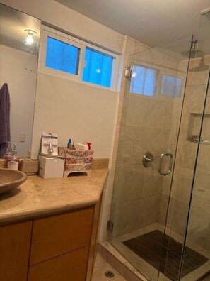 Shower, jetted tub, hair dryer, towels