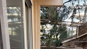 Eine Terrasse mit Holzstuhl und Tisch, einem Blumentopf und Blick auf ein Gebäude und Bäume.