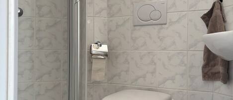 Shower, hair dryer, towels, soap