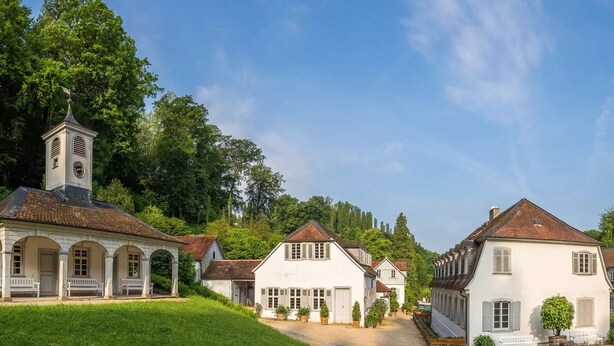 A white building with a clock tower, surrounded by greenery and other white buildings. - Studio with kitchen in the center of Auerbach near Fürstenlager (Bensheim)