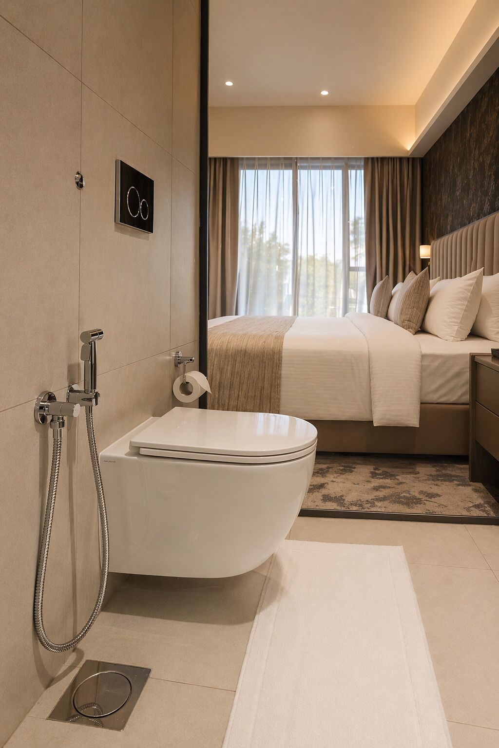 A modern bathroom with a bathtub, shower, and toilet. There is a bed with a headboard and pillows in the adjacent room.