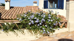 A building with a tiled roof, a window with blue shutters, and a flowering bush in front. - Villa Oleander (Begur, Es Valls Begur, Costa Brava) (Begur)