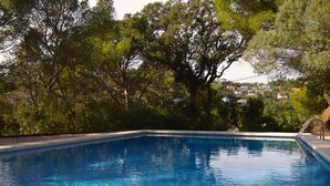 Une piscine aux eaux cristallines, entourée d’arbres, avec vue sur un quartier résidentiel.