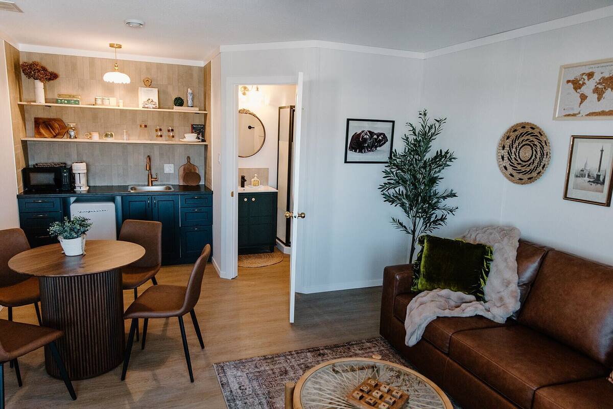 Una sala de estar moderna con un sofá de cuero marrón, una mesa de comedor con sillas, una zona de cocina con armarios azules y una planta grande en maceta.