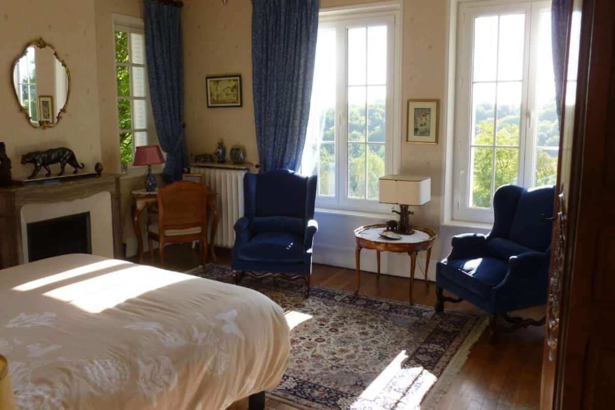 A room with a bed, two armchairs, a small table, a fireplace, and large windows with curtains.