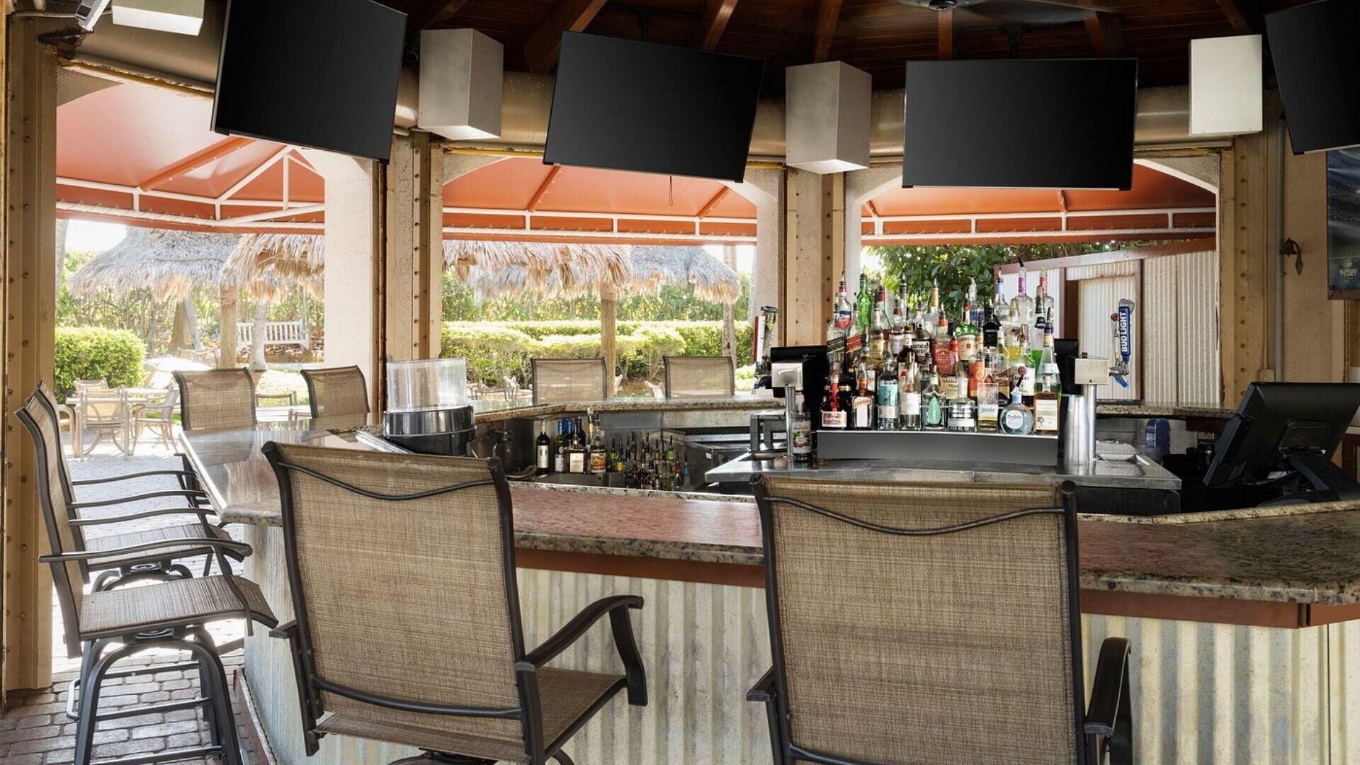 Eine Bar mit Theke, Stühlen und Blick auf einen Garten.