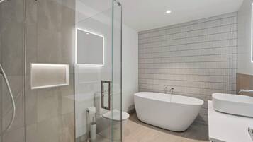 Shower, hair dryer, towels, shampoo