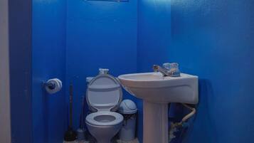 Een badkamer met een blauwe wand, een wit toilet, een witte wastafel en een raam met tralies.