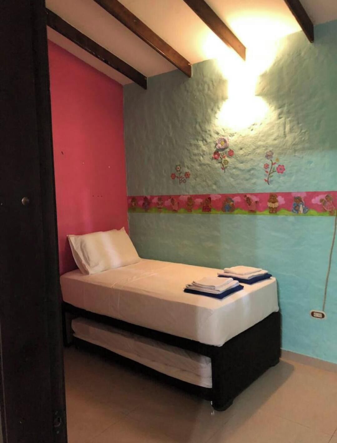 Una cama individual con colchón blanco y estructura negra, pared rosa y pared verde agua con adornos florales.