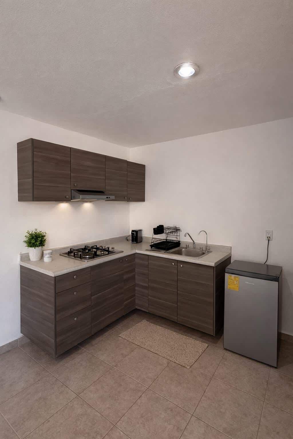 Une cuisine moderne avec des meubles de couleur sombre, une cuisinière à gaz, un évier, une machine à café et un réfrigérateur.