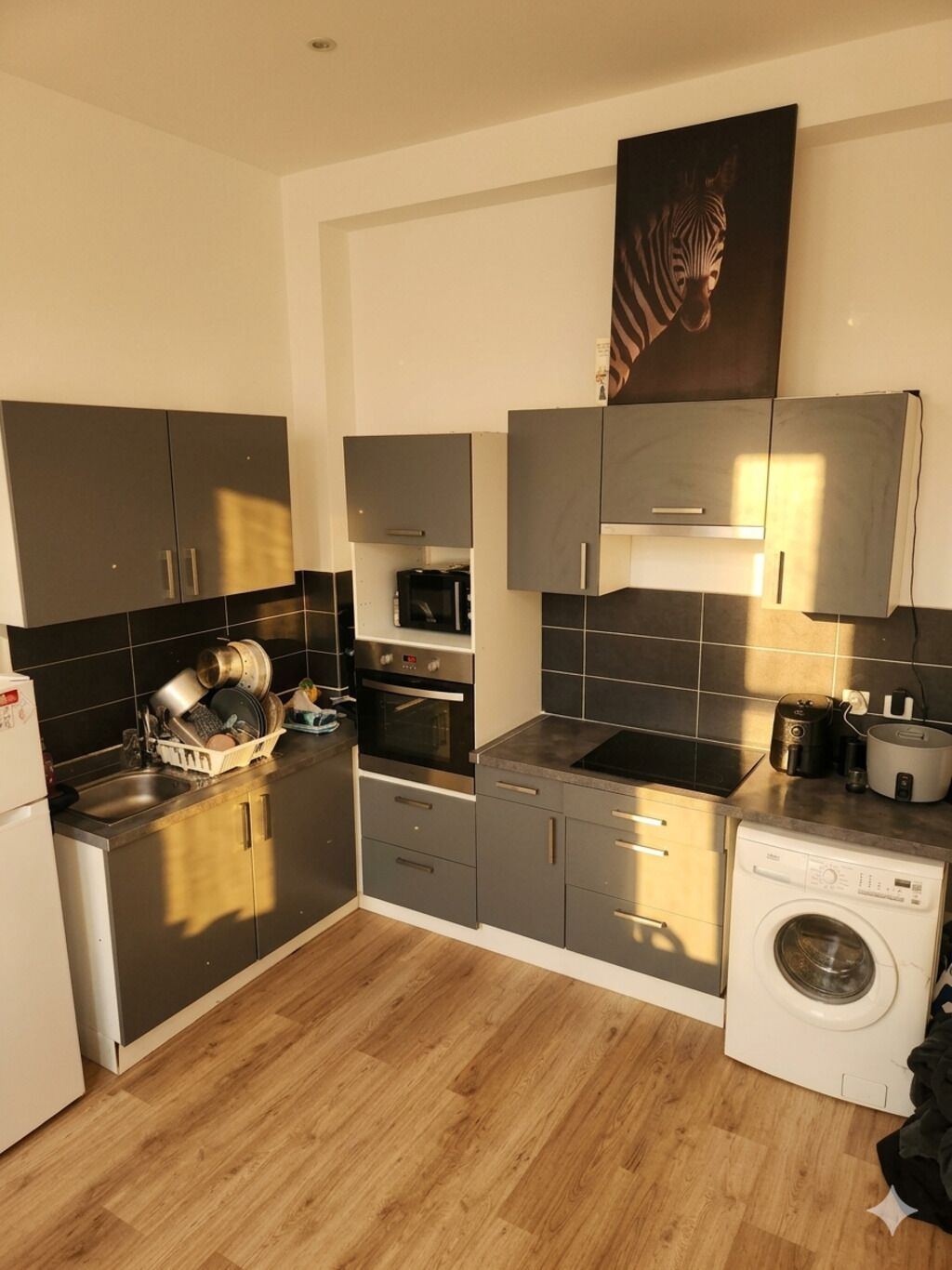 Une cuisine moderne avec des meubles gris, un four à micro-ondes, un four traditionnel, un évier et un lave-linge.