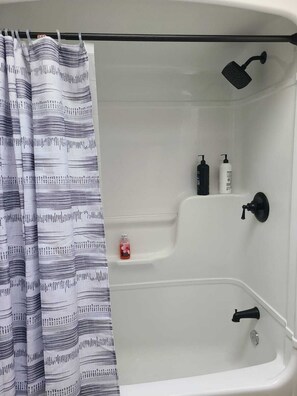 Hair dryer, towels, soap, toilet paper