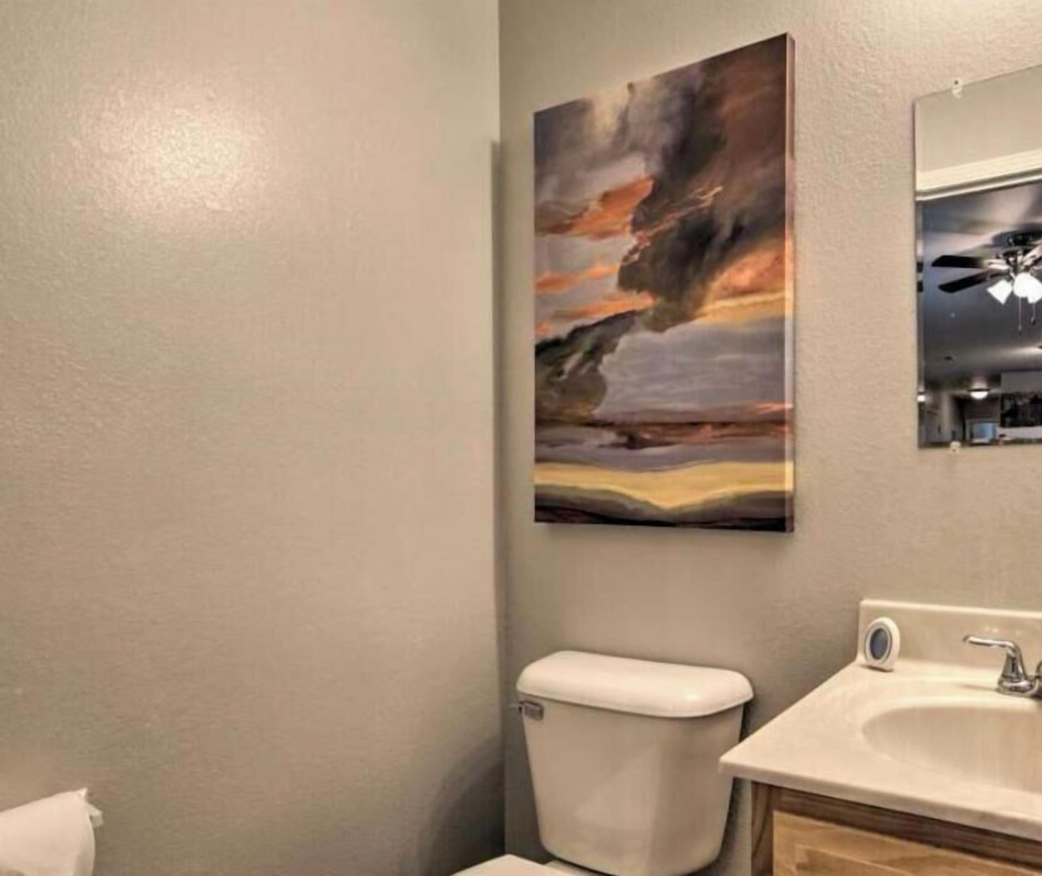 Une salle de bain avec des toilettes, un lavabo et un tableau accroché au mur.